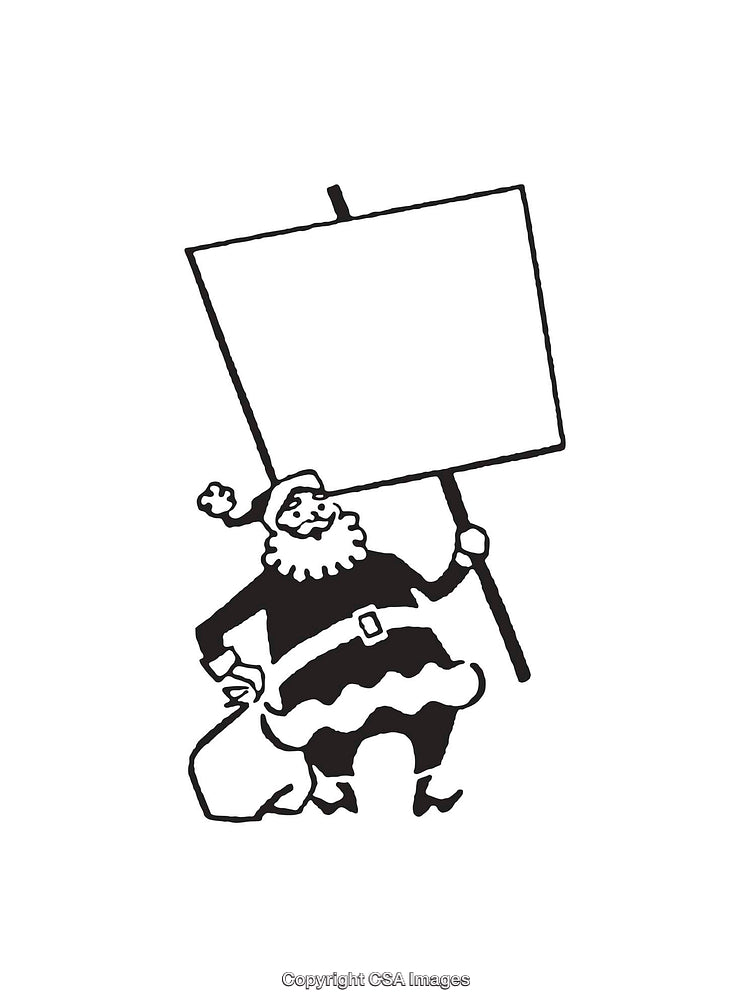 Black And White Line Art Illustration of Santa Carrying a Sign and Sack
