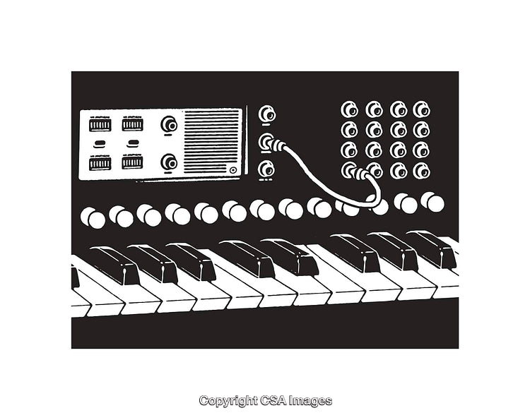 Retro Synthesizer Keyboard with Modular Controls in Black and White Line Art