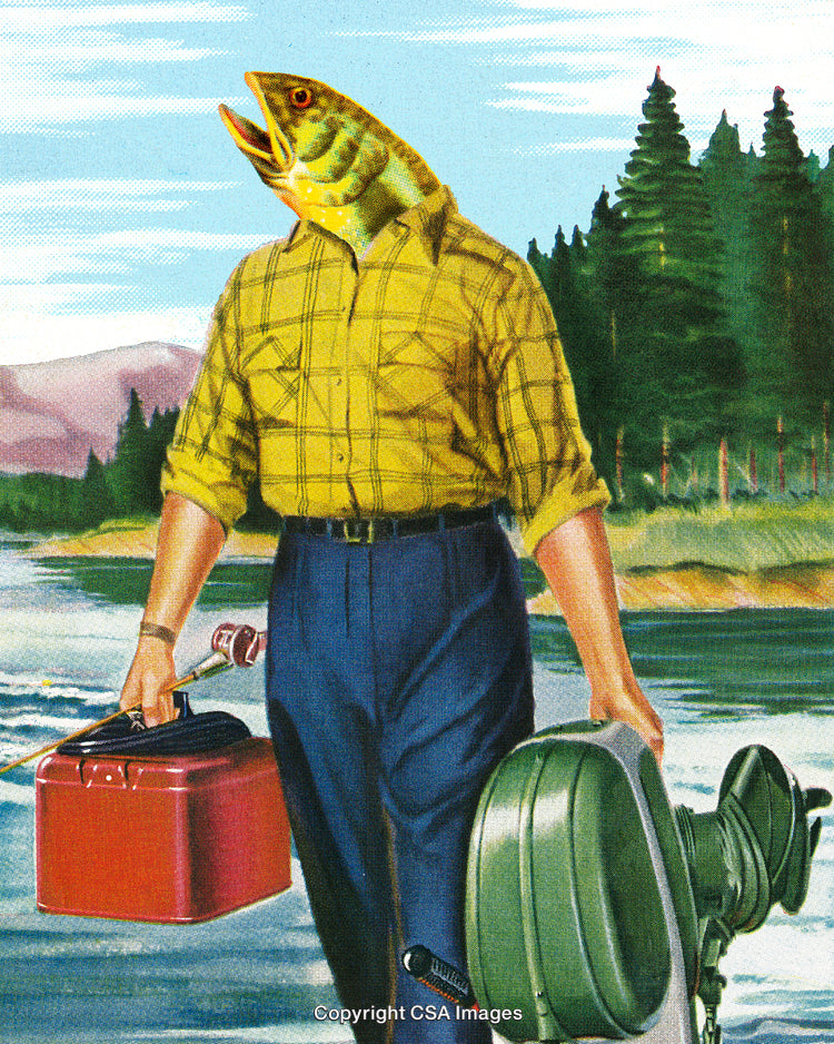 Surreal Illustration of Fish-Headed Person Carrying Fishing Gear in Nature
