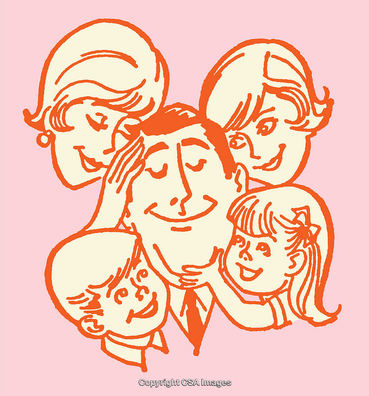 Retro Line Art of a Smiling Family Embracing Together in Joy