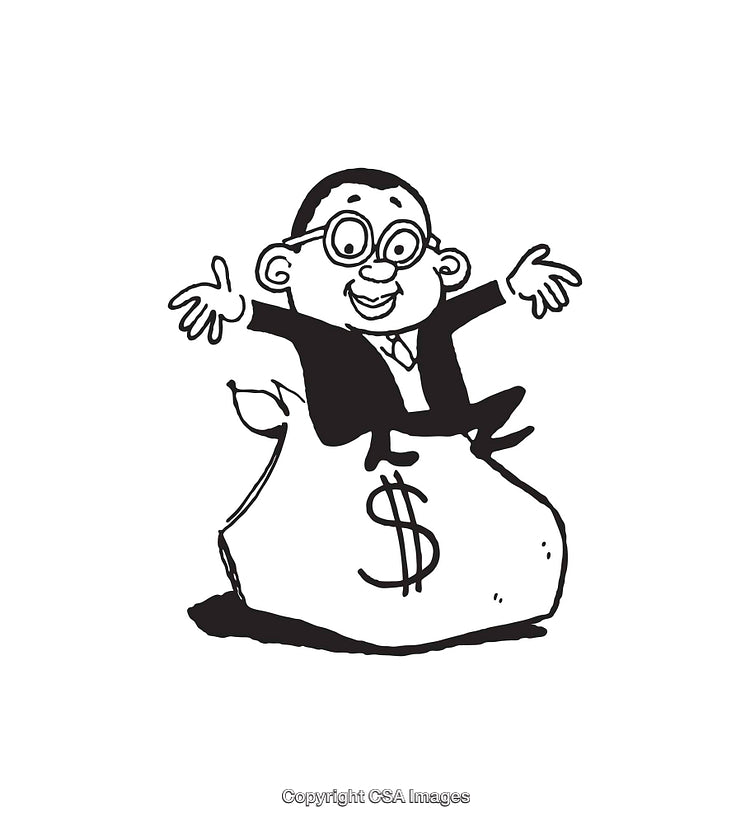 Cartoon Businessman Sitting on a Money Bag with Happy Expression