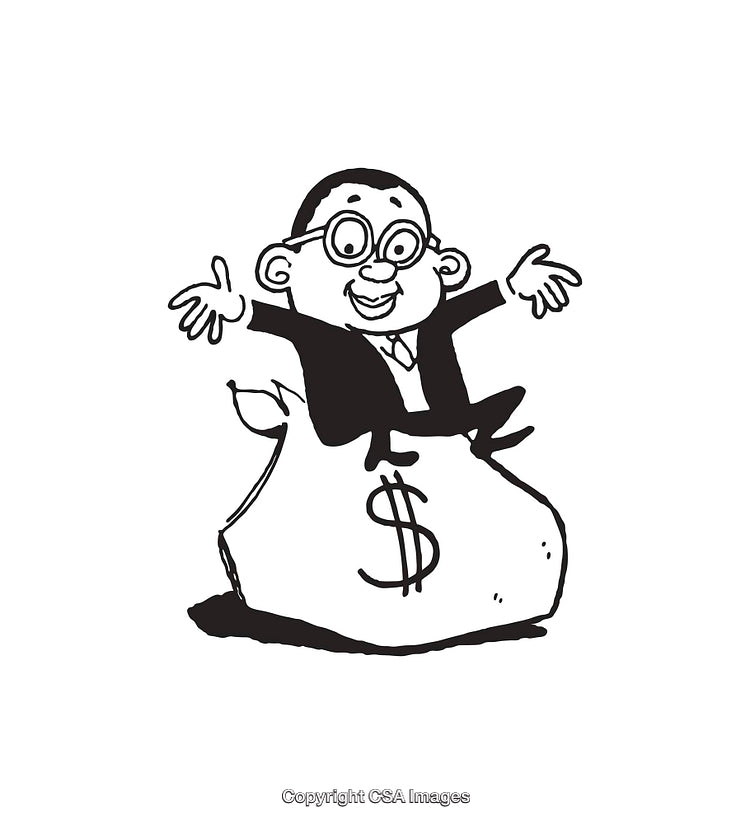 Cartoon Businessman Sitting on a Money Bag with Happy Expression