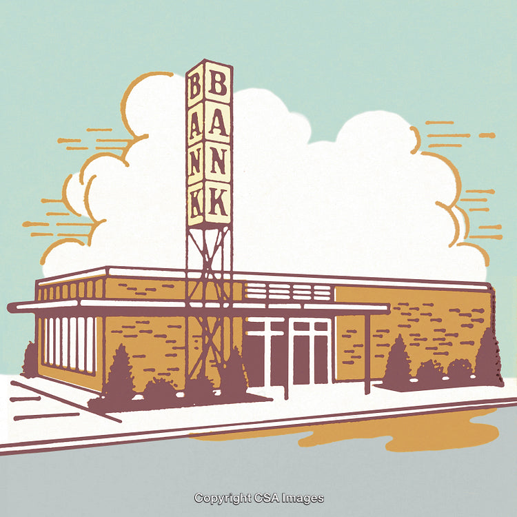 Vintage Illustration of a Retro Brick Bank Building With Sky Background