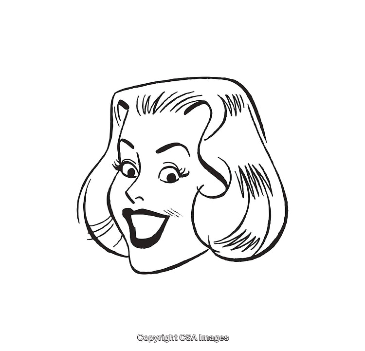 Retro Black and White Smiling Woman Face Line Art Illustration