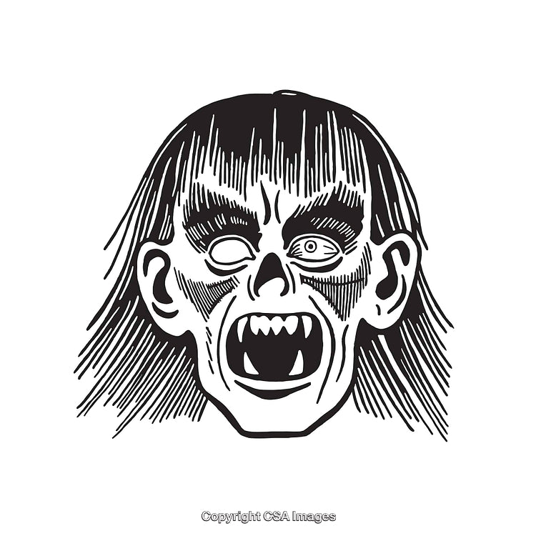 Detailed Black and White Line Illustration of a Creepy Ghoul Face