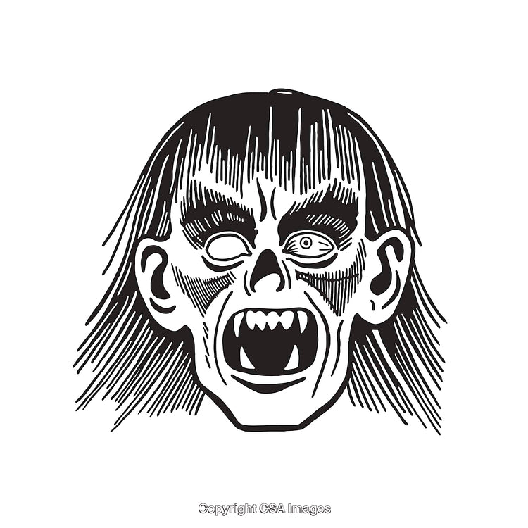 Detailed Black and White Line Illustration of a Creepy Ghoul Face