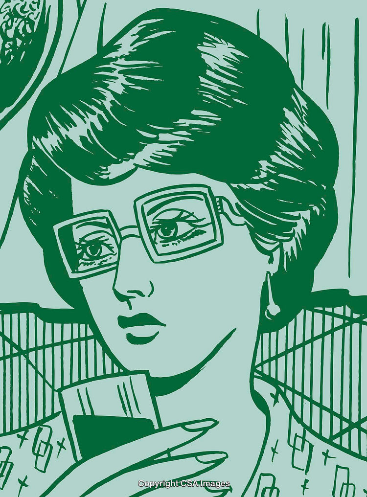 Vintage Style Illustration of a Woman Holding a Drink and Wearing Glasses