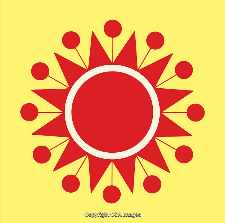 Abstract Geometric Artwork Featuring Red and Yellow Circular Sun Design