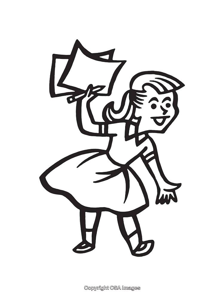 Vintage Line Art Illustration of a Happy Girl Holding Papers