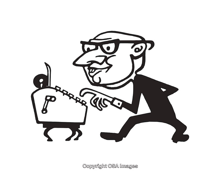 Cartoon Illustration of Suspicious Scientist Operating a Machine