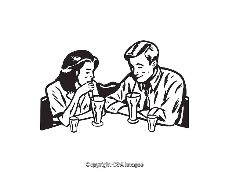 Vintage Line Art Illustration of a Couple Sharing a Drink