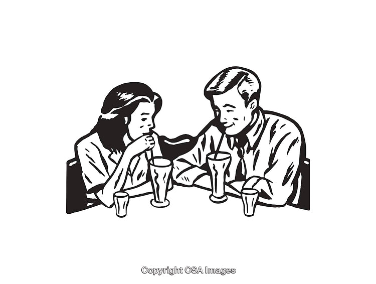 Vintage Line Art Illustration of a Couple Sharing a Drink
