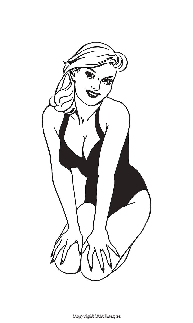 Black and White Retro Pinup Woman Illustration in Bathing Suit Pose