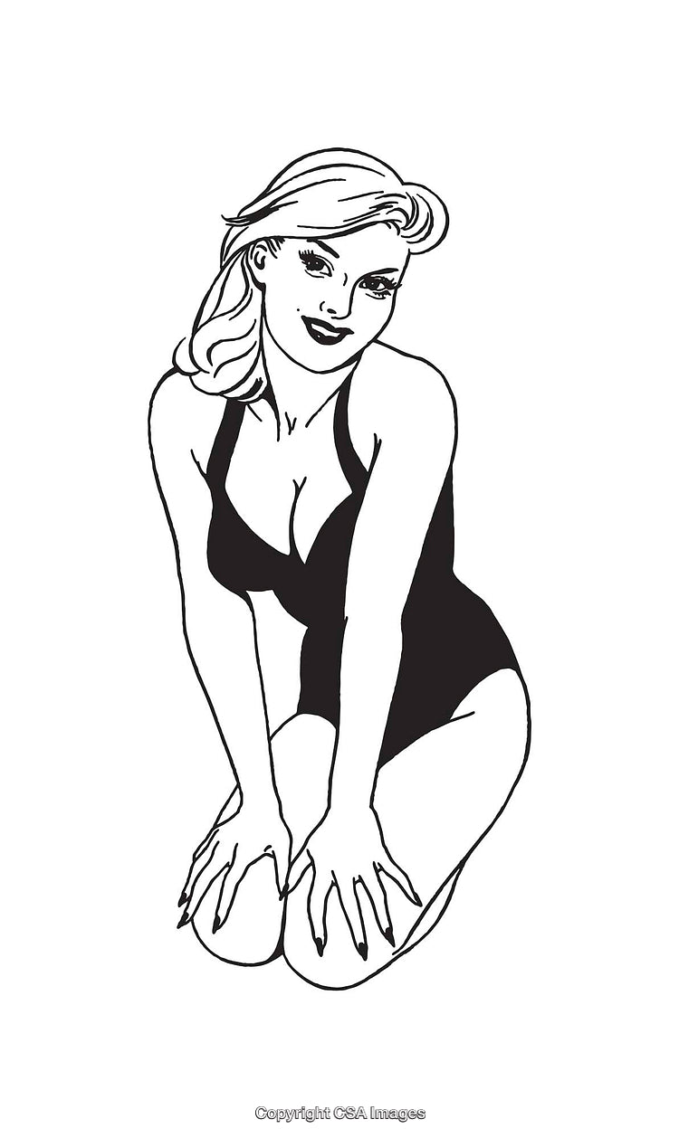 Black and White Retro Pinup Woman Illustration in Bathing Suit Pose