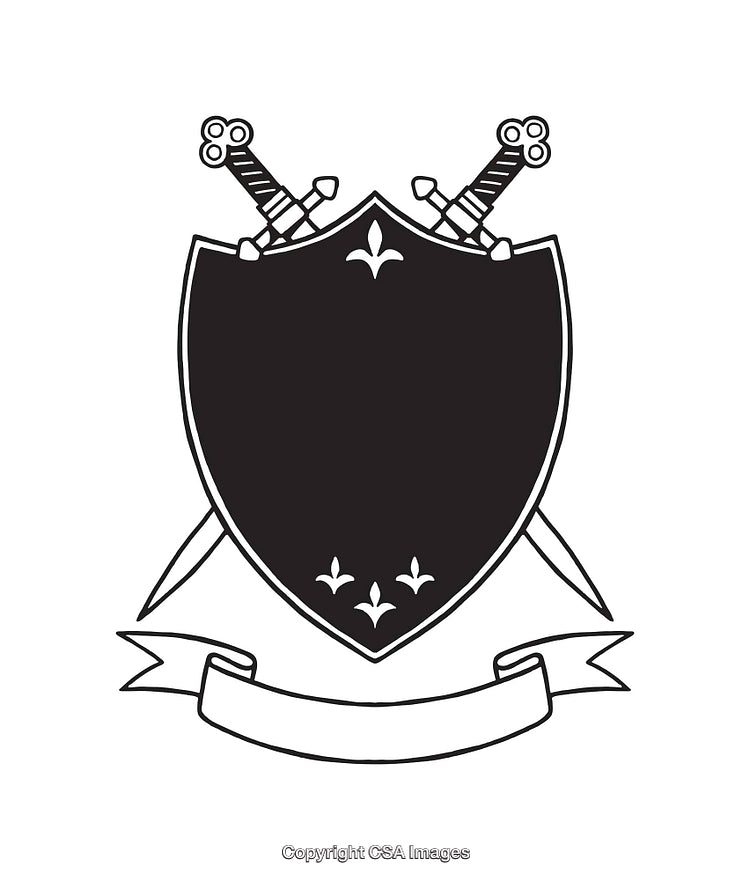 Black and White Line Art Illustration of Shield with Swords and Ribbon