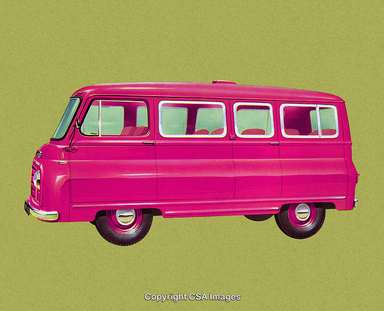 Retro Pink Minivan Displayed Against a Vibrant Olive Green Background