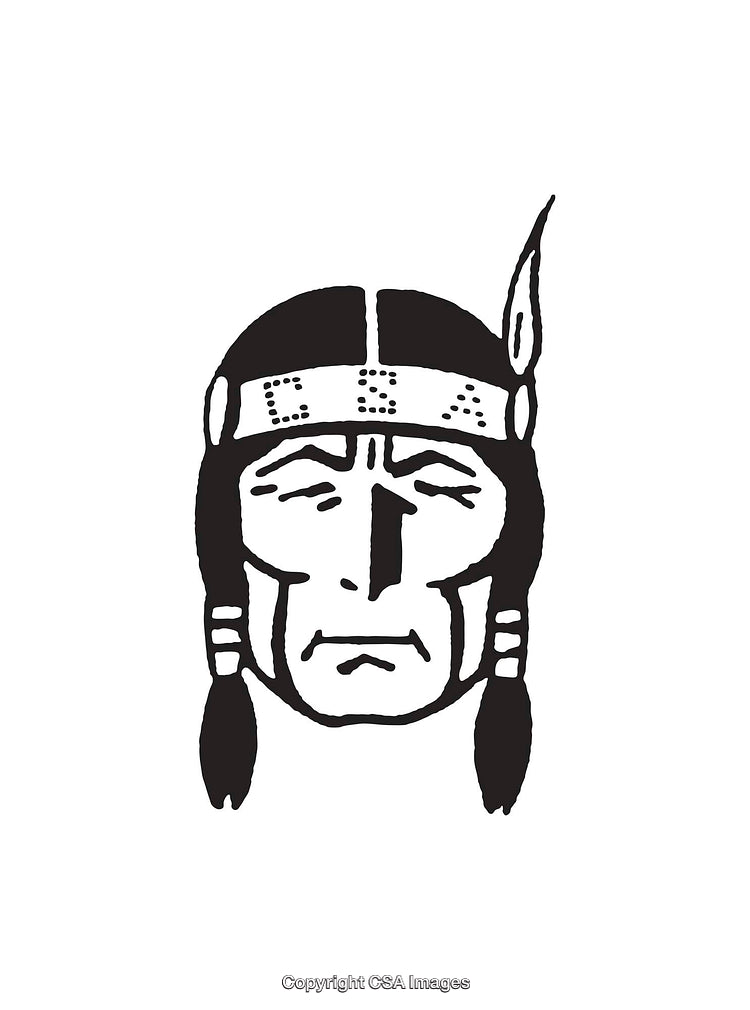 Black and White Line Art of Indigenous-Inspired Head Illustration with Feather