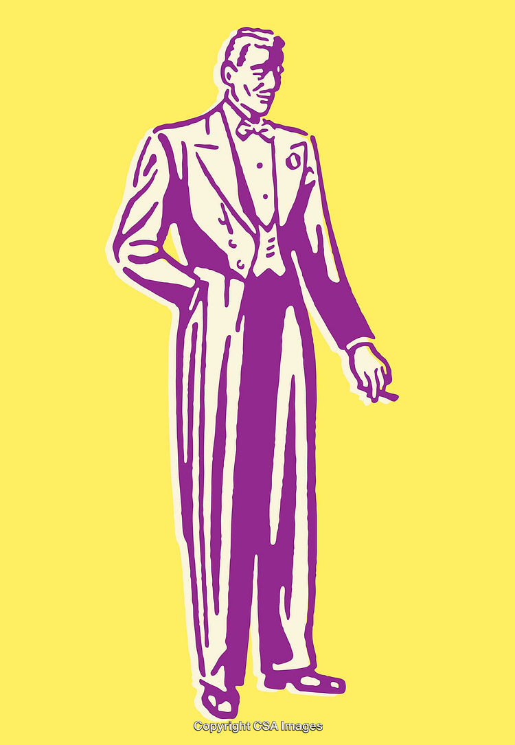 Vintage Purple-Line Art of Man in Suit Against Bright Yellow Background