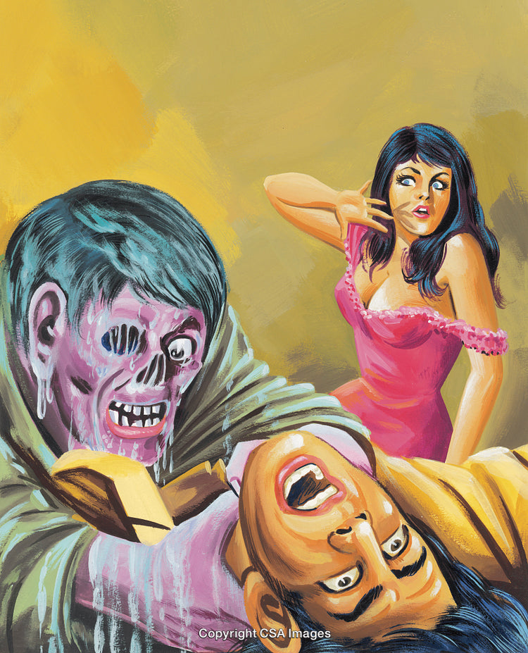 Horror Illustration of a Zombie Menacing Two Frightened Individuals in Dramatic Scene