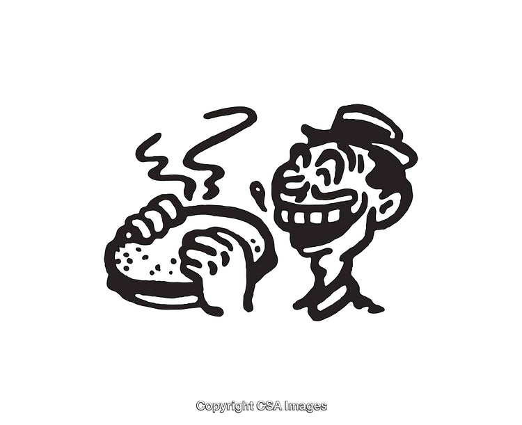 Cartoon Style Black and White Line Art of Man Eating a Sandwich
