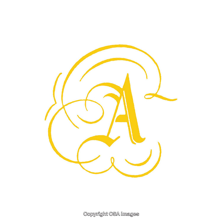 Elegant Yellow Decorative Letter A in Swirling Calligraphic Style