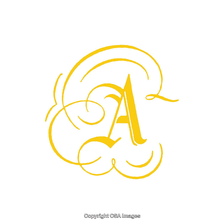 Elegant Yellow Decorative Letter A in Swirling Calligraphic Style