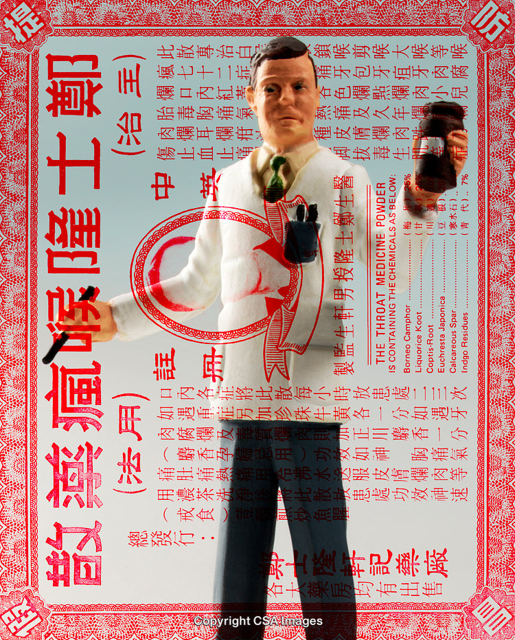 Close-Up of Toy Figure with Decorative Background and Red Text Elements