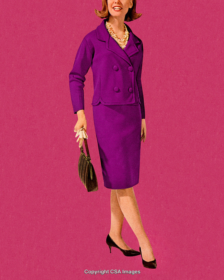 Vintage Styled Woman in Elegant Purple Suit on Retro Pink Background