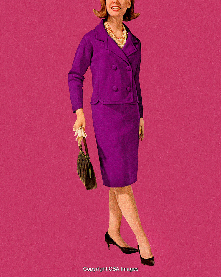 Vintage Styled Woman in Elegant Purple Suit on Retro Pink Background