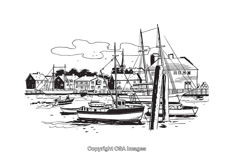 Black and White Line Art of a Scenic Harborfront with Boats