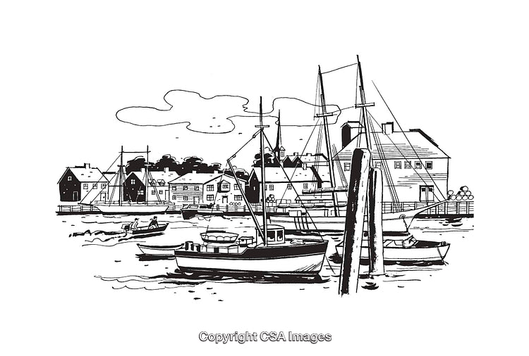 Black and White Line Art of a Scenic Harborfront with Boats
