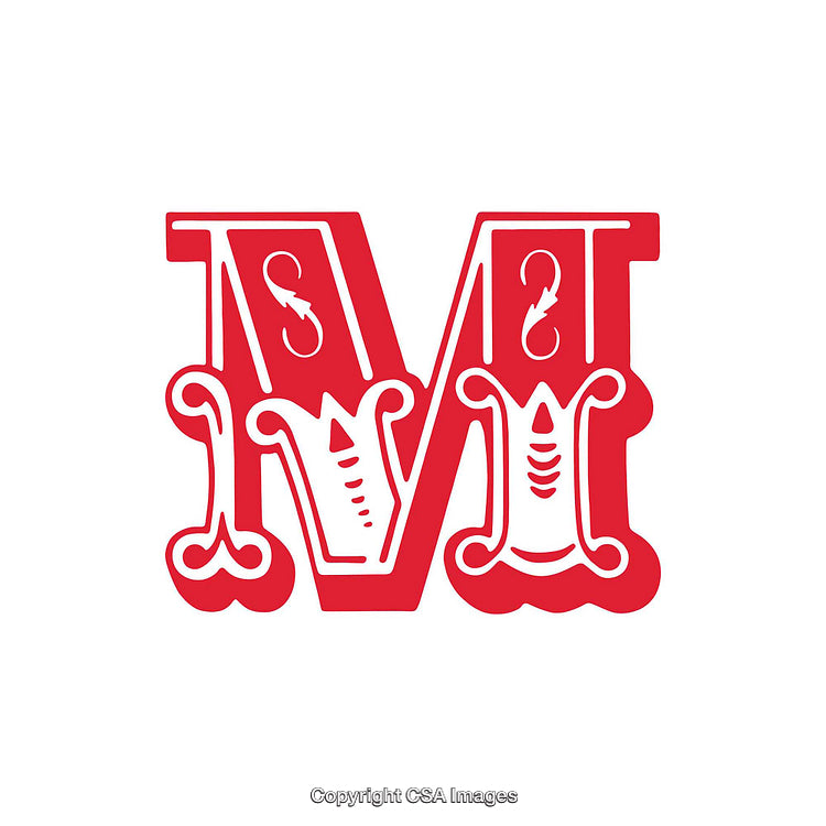 Intricate Red Letter M Design With Engraved Ornamental Details