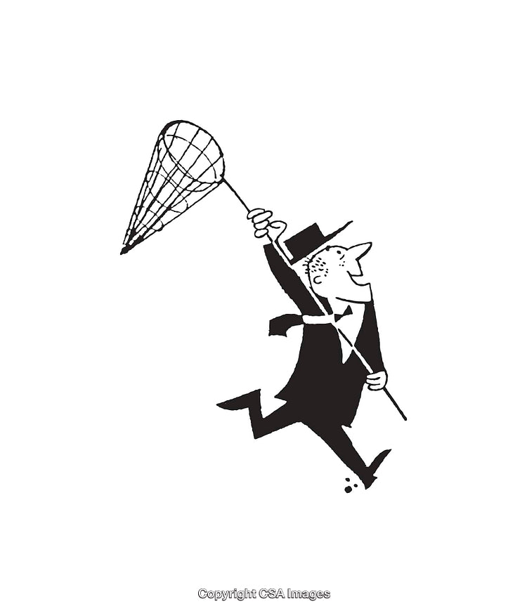 Vintage Style Line Art of a Businessman Joyfully Running with a Net