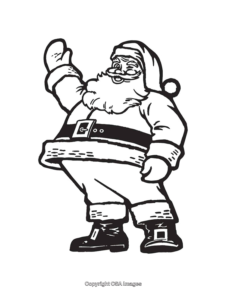 Vintage Black and White Line Art Santa Claus Illustration Waving