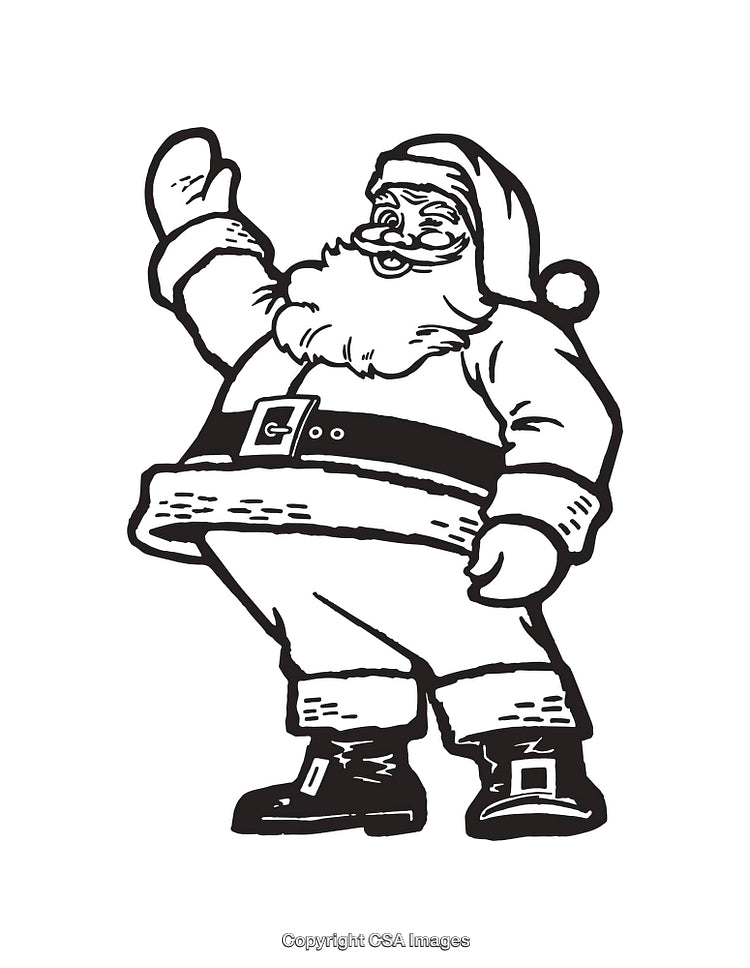 Vintage Black and White Line Art Santa Claus Illustration Waving