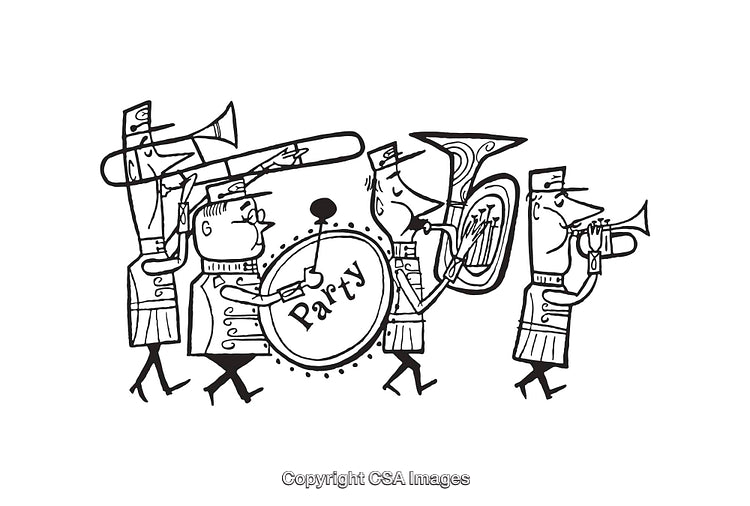 Black and White Line Art of a Marching Band Performance