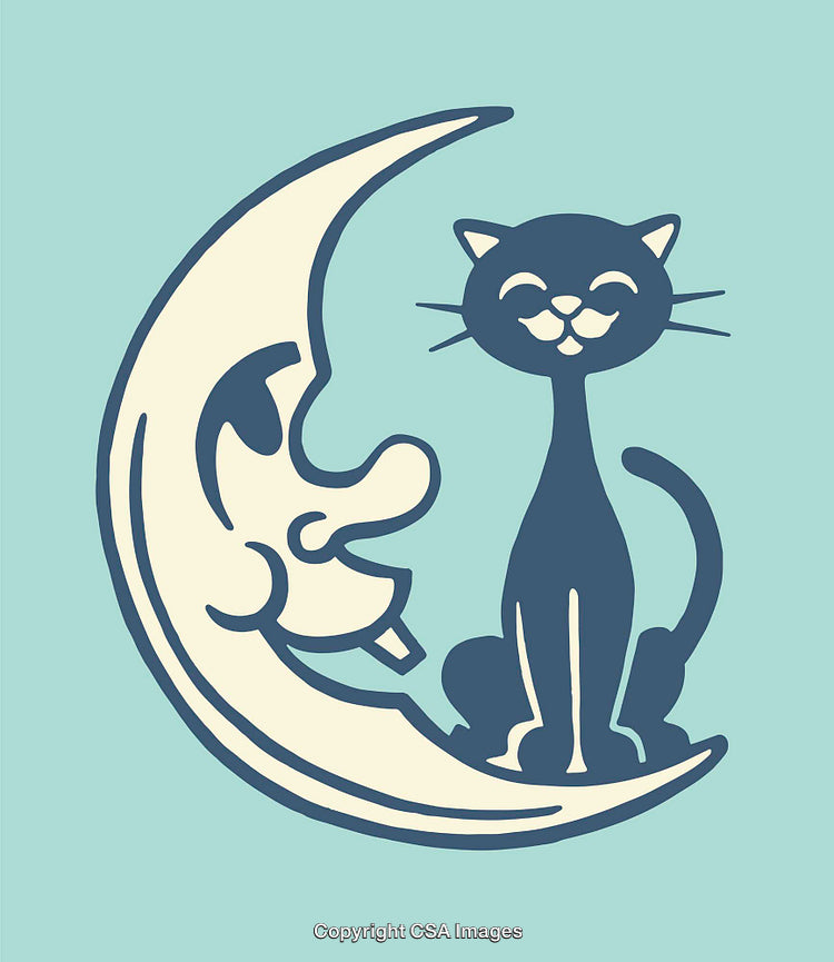 Whimsical Cat Sitting on Crescent Moon in Playful Line Illustration