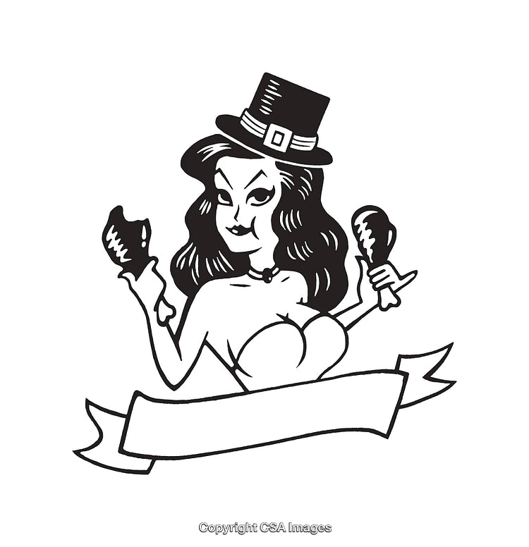 Black and White Line Art of a Woman with Hat and Ribbons