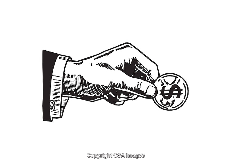 Vintage Style Illustration of a Hand Holding a Coin Featuring a Dollar Symbol