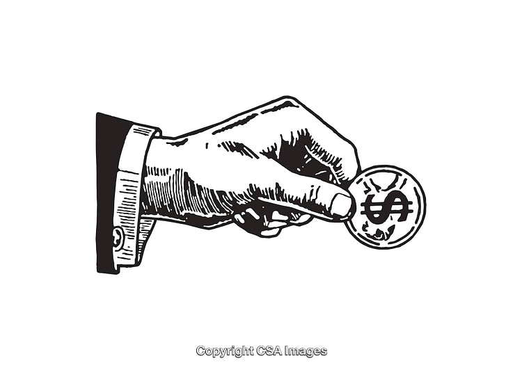 Vintage Style Illustration of a Hand Holding a Coin Featuring a Dollar Symbol