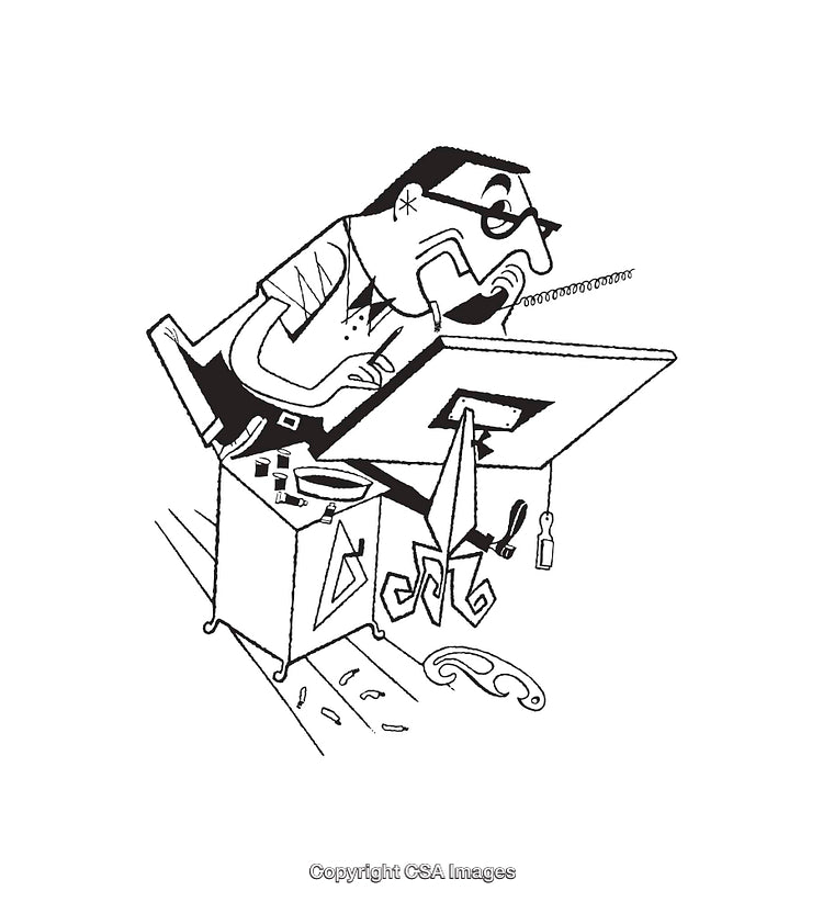 Cartoonish Illustration of Designer Working at Drafting Table in Black and White
