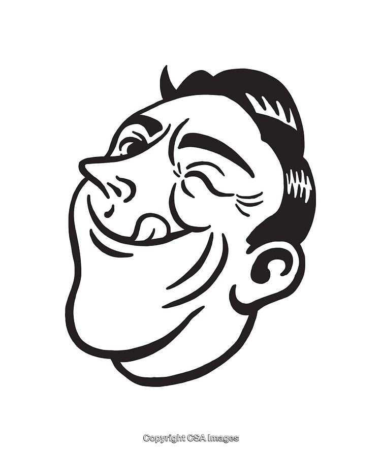 Retro Black and White Illustration of a Laughing Man's Face