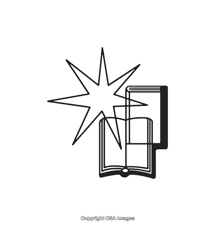 Black and White Line Art Illustration of a Book and Starburst