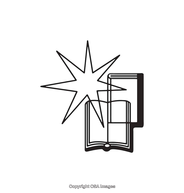 Black and White Line Art Illustration of a Book and Starburst