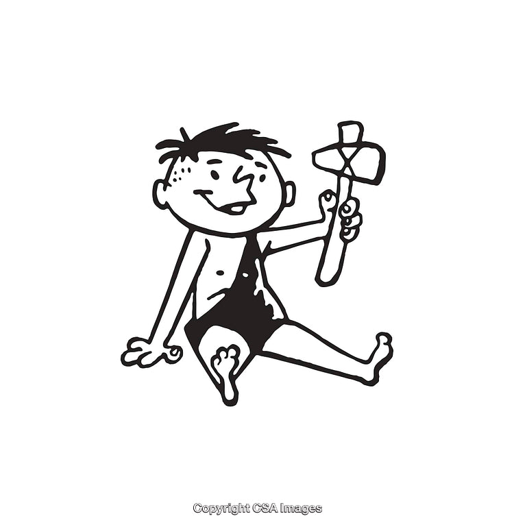Playful Cartoon Caveman Holding a Stone Hammer in Black and White Line Art