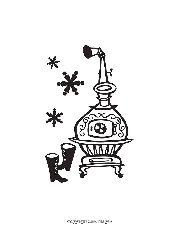 Black and White Stove Line Illustration With Snowflakes and Boots