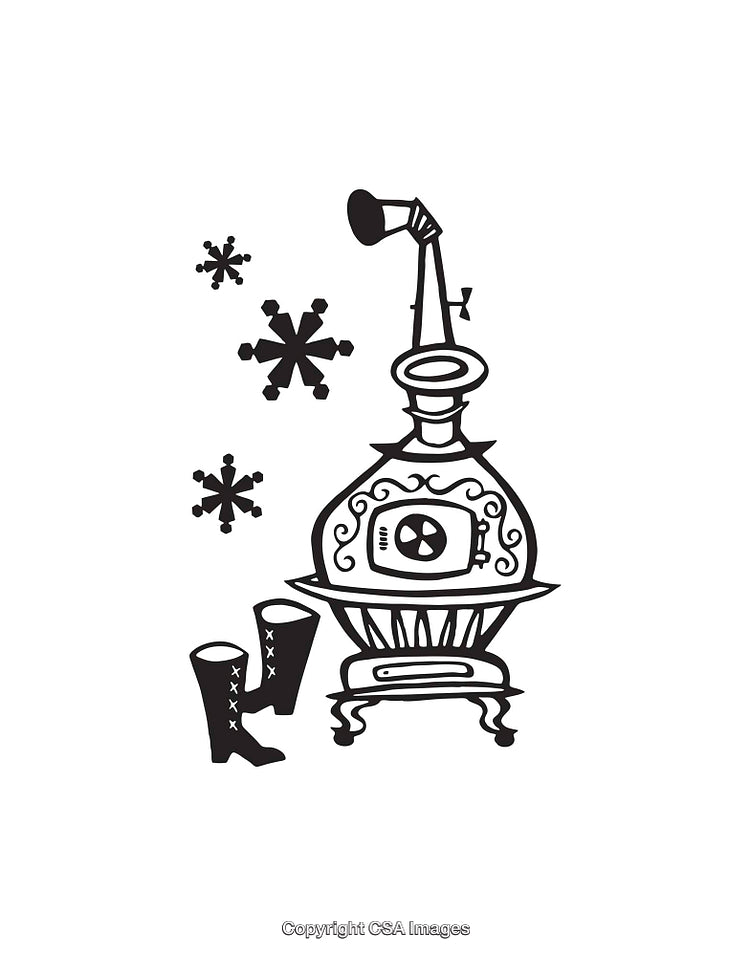 Black and White Stove Line Illustration With Snowflakes and Boots