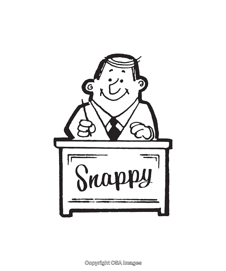 Cartoon Illustration of a Smiling Man Seated at a Snappy Desk