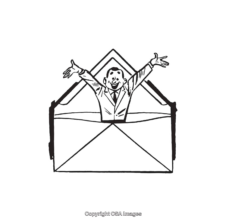 Line Art Illustration of a Person Joyfully Emerging from an Envelope