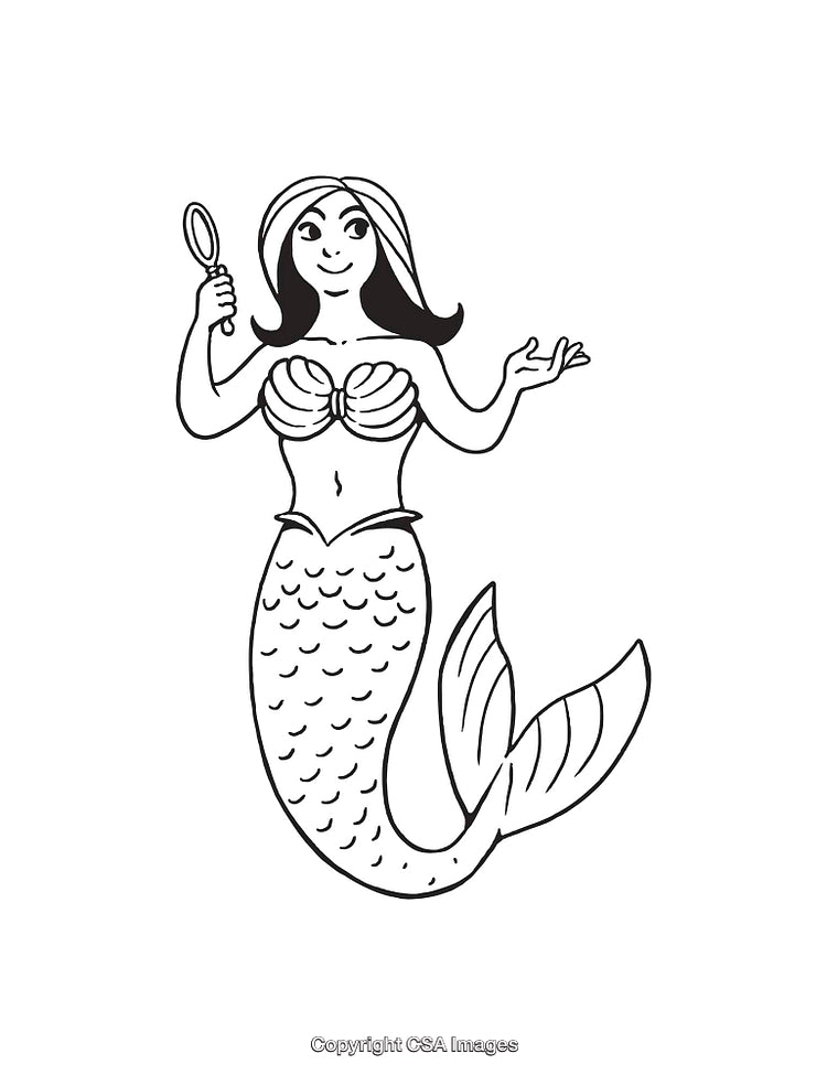 Black and White Line Art Illustration of a Mermaid Holding a Mirror